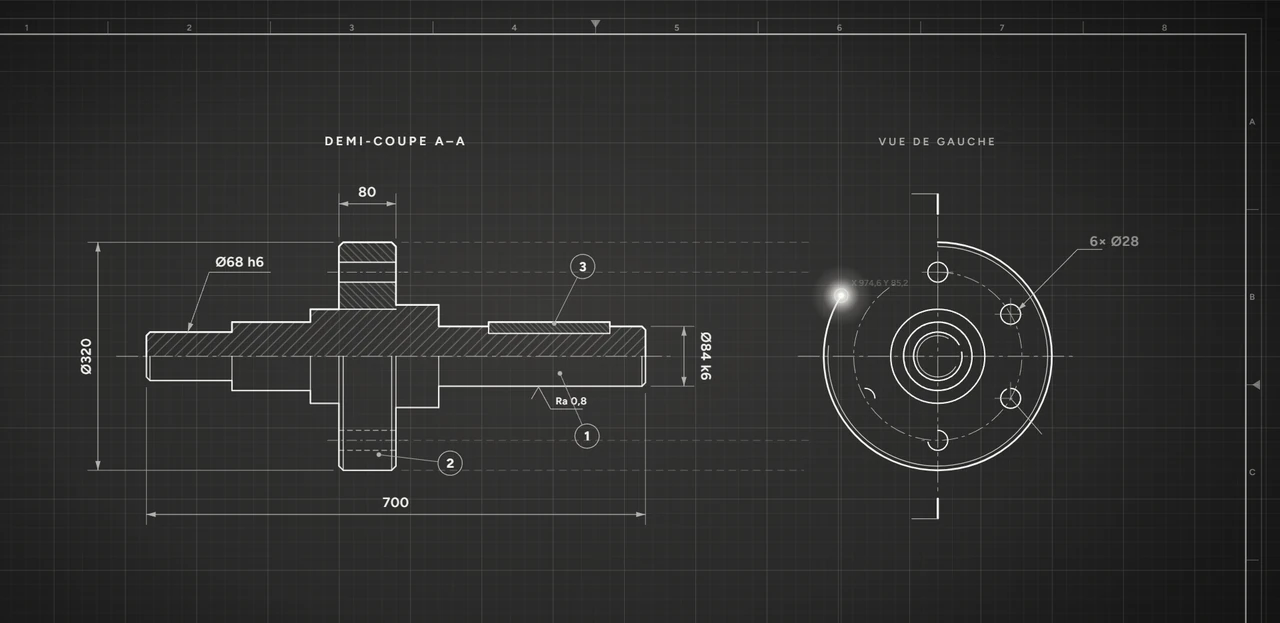 Une pièce mécanique présentée sur un plan quadrillé avec ses cotes, dans une animation d’exemple.