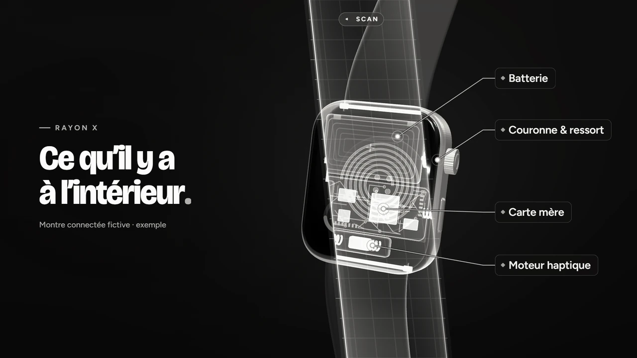 Un produit vu en radiographie, chaque composant légendé, dans une animation d’exemple.