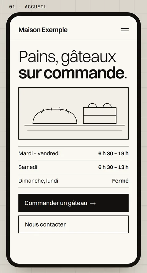 Premier écran du site d’une boulangerie imaginaire : l’accueil, avec les horaires d’ouverture et les boutons « Commander un gâteau » et « Nous contacter ».