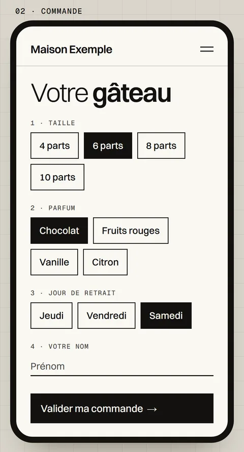 Deuxième écran : la commande d’un gâteau, avec le choix de la taille, du parfum et du jour de retrait.