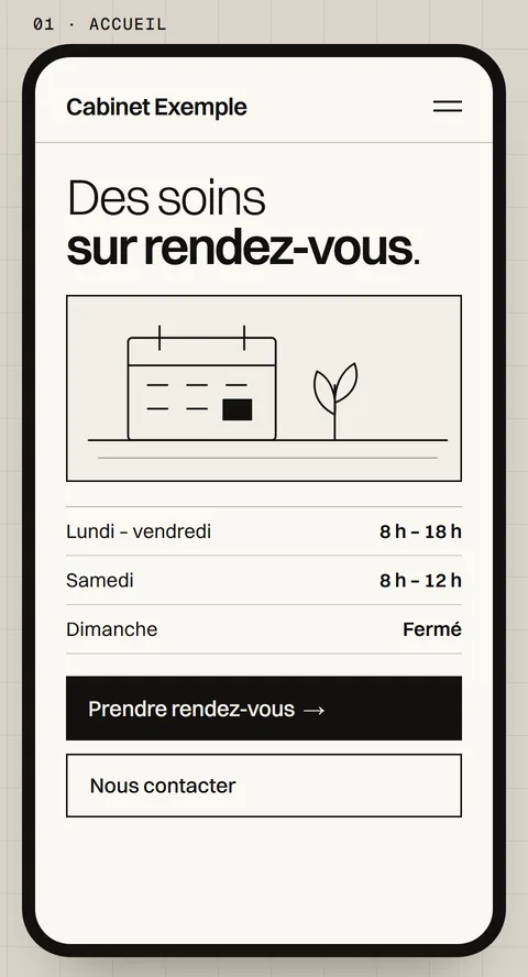 Premier écran du site d’un cabinet imaginaire : l’accueil, avec les horaires et les boutons « Prendre rendez-vous » et « Nous contacter ».