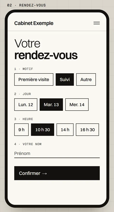 Deuxième écran : la prise de rendez-vous, avec le choix du motif, du jour et de l’heure.