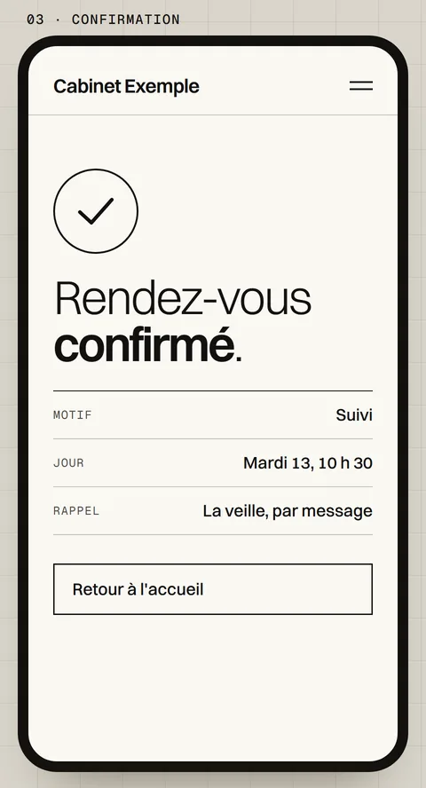 Troisième écran : la confirmation « Rendez-vous confirmé », avec le récapitulatif du motif, du jour et du rappel.
